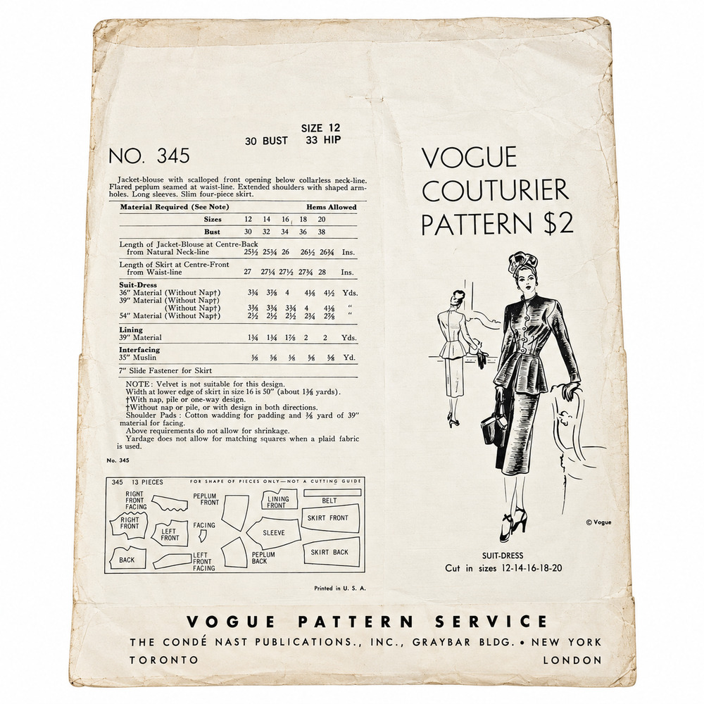 Vintage VOGUE Couturier Pattern 345 Suit Dress 1940s Size 12 Bust 30 Hip 33 - Picture 2 of 3